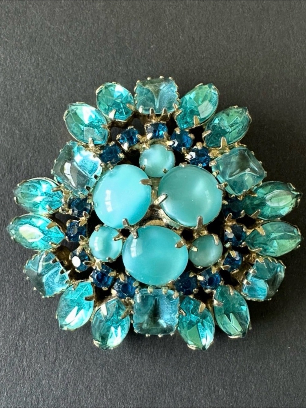 Vintage Mid Century Aqua Blue Moonglow Brooch Rhinestone Layered Domed